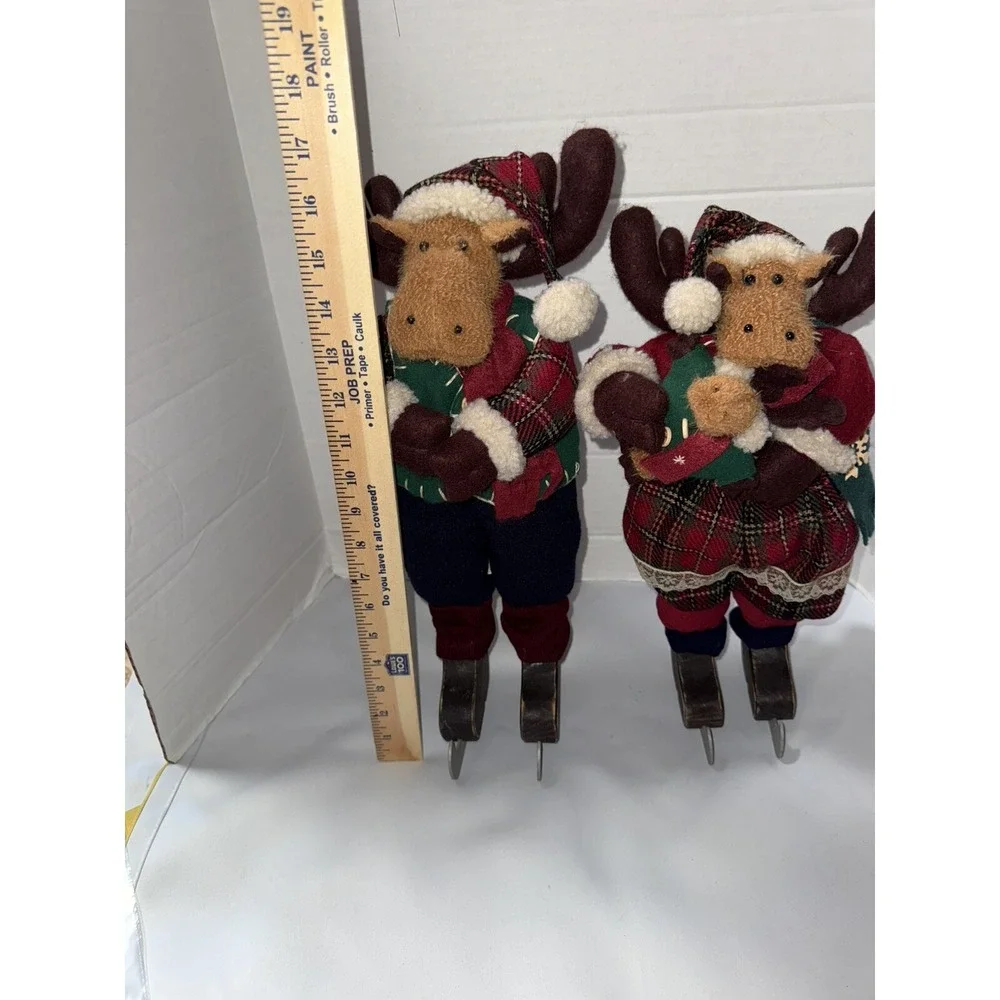 Vintage 2 Chris Moose Christmas Stand Alone Decor Ice Skating Couple Baby Winter